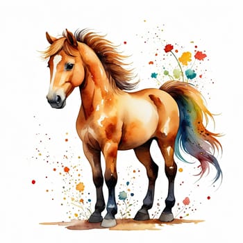 Horse in watercolor style, isolated on white background with splash, Running watercolor brown horse. Watercolor horse. High quality photo