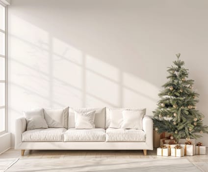 Cozy christmasthemed white living room featuring a festive tree, couch, and window with winter scenery