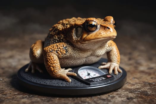 This playful moment captures a green frog's unexpected visit to a metallic weighing scale.