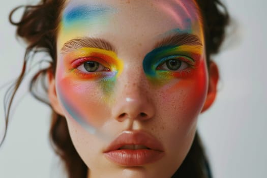 Beauty of diversity woman with vibrant makeup and rainbow face paint celebrating individuality and creativity in art and fashion