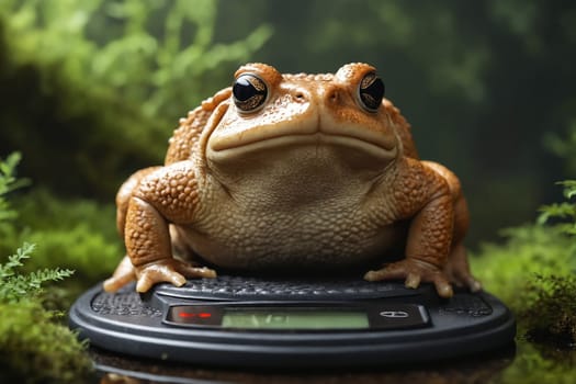 This playful moment captures a green frog's unexpected visit to a metallic weighing scale.