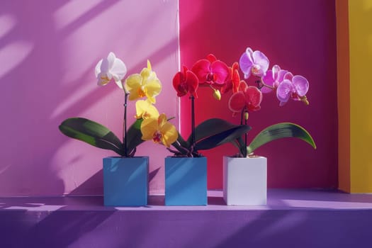 Colorful orchids in vases in front of vibrant wall and window for home decor or interior design inspiration