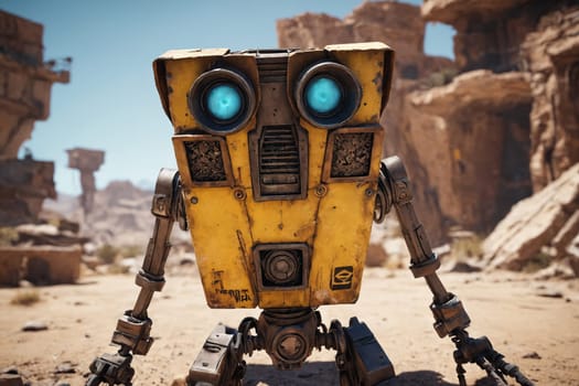 Yellow android with a curious gaze surveys the rocky sandy landscape of the desert.