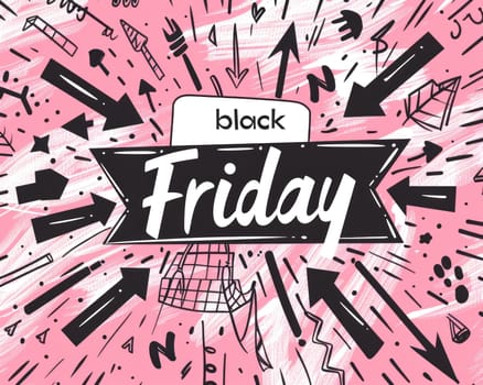 Black friday sale banner with hand drawn arrows and various items on pink background