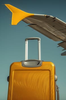 Travel essentials yellow suitcase by airplane wing for business trip or vacation adventure concept