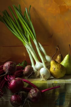 Organic vegetables and pear on table cloth for healthy eating and nutrition inspiration