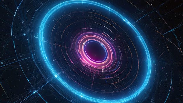 A circular blue and pink object positioned in the center of a black background.