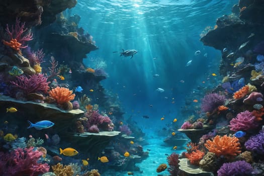 The scene captures a vibrant display of coral reef biodiversity under sunlit waters. Perfect for highlighting the beauty and complexity of marine ecosystems.