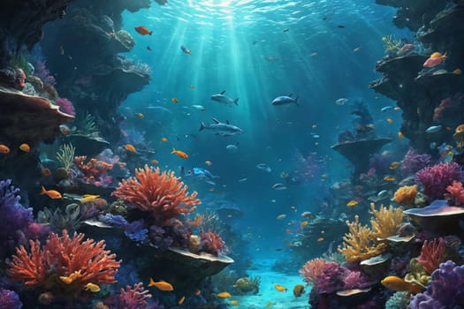 Experience the wonder of a sunlit underwater scape teeming with colorful corals and a diverse array of fish. Suited for educational, travel, or nature-focused uses.