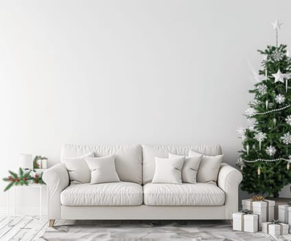 Festive white christmas tree and sofa in living room decorated with presents and ornaments