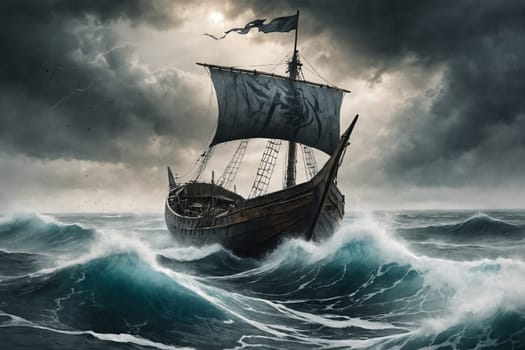 Against a backdrop of tempestuous seas and lightning-lit skies, a lone Viking vessel sails valiantly. Great for concepts related to courage, danger, or ancient seafaring.