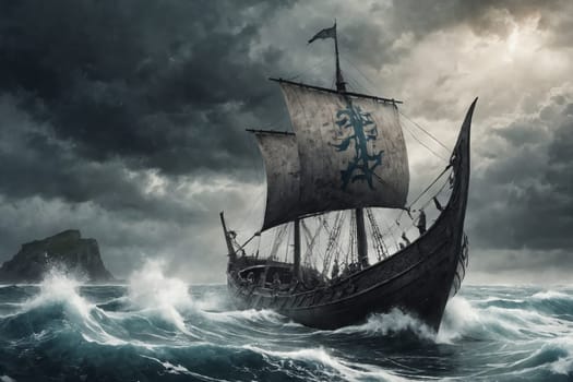 This intense image of a Viking ship braving the wrath of the storm recounts timeless tales of survival and bravery. Perfect for maritime history, adventure, and survival themes.