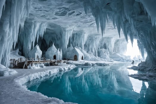 Travel to a colder clime with this arresting image of lake homes covered in ice in a wintry world painted in crisp whites and blues. Suitable for themes of winter, peace, and isolation.