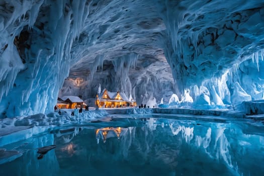 An enchanting winter scene displaying two houses by a frozen lake, encased in a blanket of ice. Ideal for depicting serene winter landscapes, solitude, or icy beauty.