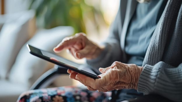 An elderly person in a wheelchair using a tablet device, with a caregiver assisting, highlighting the integration of technology in improving daily life.