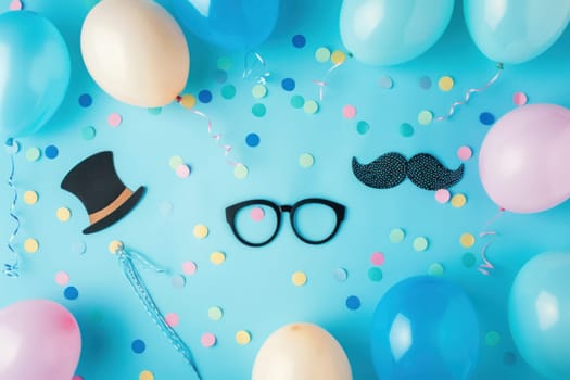 Festive celebration with bright balloons, trendy hats, stylish glasses, and a playful mustache on blue background with confetti