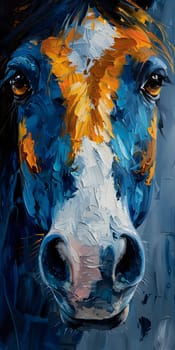 A close up of a painting showcasing a vibrant blue and orange horse, capturing the essence of art and beauty in the animal kingdom