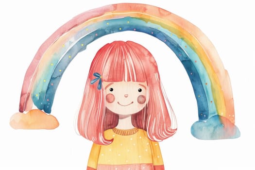 Beautiful girl with pink hair and rainbow in background, watercolor illustration of art and beauty on white background