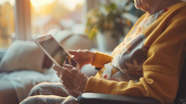 An elderly person in a wheelchair using a tablet device, with a caregiver assisting, highlighting the integration of technology in improving daily life.