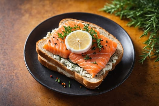 Smoked salmon layered with dill-infused cream cheese on rye bread, elegantly served.