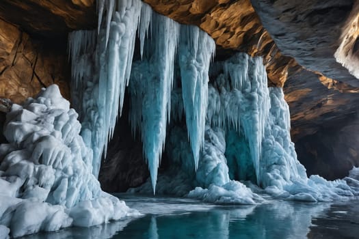 Venture into the heart of winter's touch with rock formations draped in icicles within a cave's embrace. A natural spectacle of ice and stone.