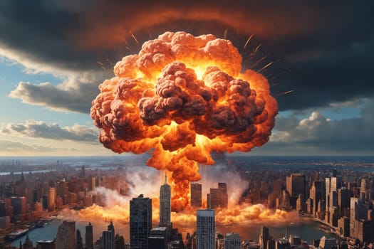 A city's skyline dramatically transforms as a mushroom cloud from a massive explosion replaces the tall buildings, with fire and debris scattered.