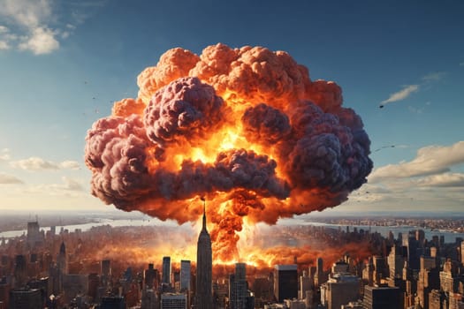 Witness the terrifying power of a nuclear blast in an urban setting, where a mushroom cloud looms and fire engulfs the once-bustling metropolis.