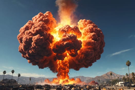 The image captures the moment of a catastrophic explosion with a mushroom cloud rising over the city, symbolizing a powerful and destructive event.