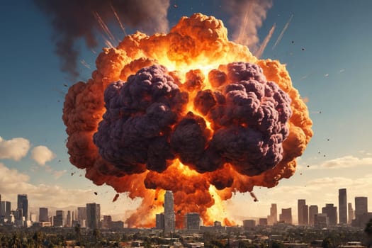 Witness the terrifying power of a nuclear blast in an urban setting, where a mushroom cloud looms and fire engulfs the once bustling metropolis.