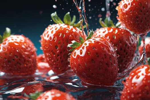 The lively splash of water droplets enhances the vivid red of fresh strawberries.