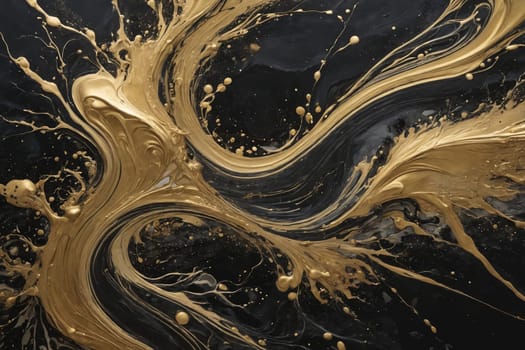 A close view into the dance of black and gold paints, creating an abstract masterpiece.