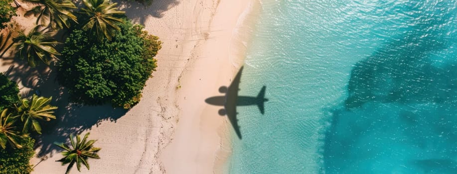Airplane shadow beach palm trees tropical island maldives indonesia asia travel concept ocean vacation relaxation adventure wanderlust summer destination paradise dream getaway aerial view water blue