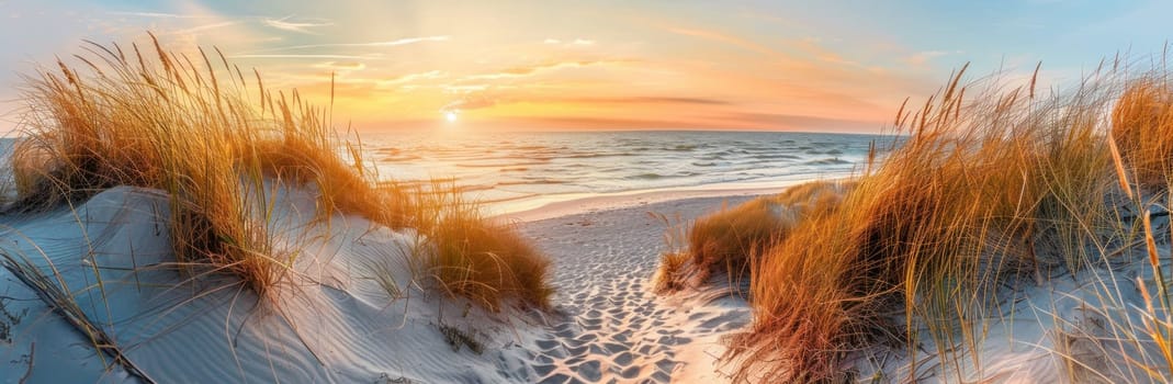 Scenic sunset view of beach with sand dunes, grass, and path leading to ocean for travel and nature lovers