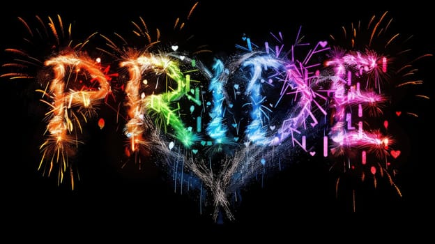 Image of PRIDE text and rainbow heart and fireworks exploding on black background.