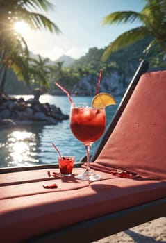 A red cocktail on a wooden surface captures the essence of a tropical beach getaway.