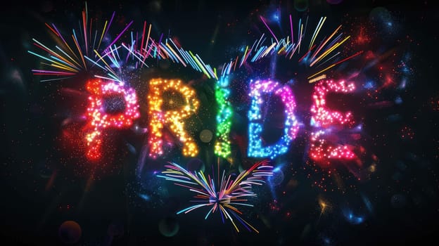 Image of PRIDE text and rainbow heart and fireworks exploding on black background.