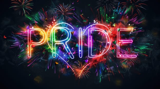 Image of PRIDE text and rainbow heart and fireworks exploding on black background.