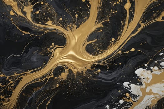 A mesmerizing pattern of flowing gold paint stands out against a deep black backdrop.