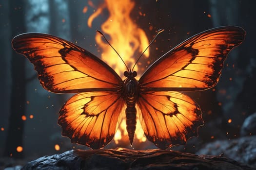 In the quiet of night, a single butterfly with fiery wings becomes a beacon of light against the cool blue backdrop.