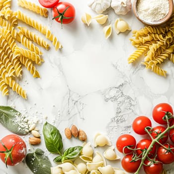 Pasta recipe preparation flatlay background with ingredients, spaghetti, olive oil, garlic, tomatoes and spices in the kitchen, homemade food recipe idea