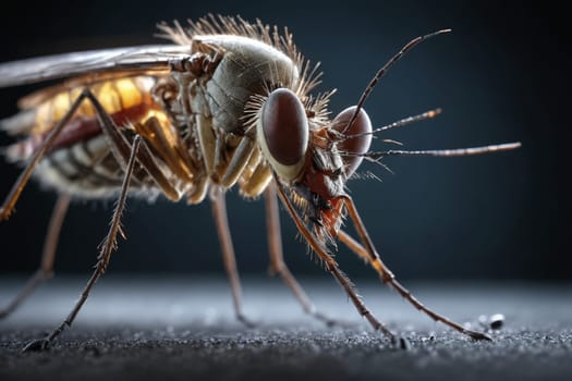 Stunning close-up of a mosquito, showcasing its detailed eyes and textured wings with a soft-focus background.