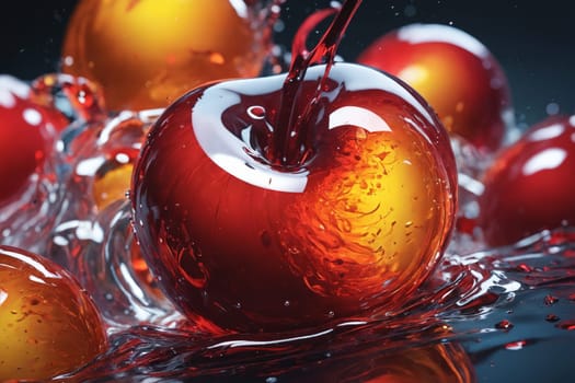 A dynamic scene as cherries dive into a liquid bowl, sending orange splashes in all directions.