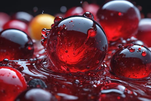 A macro shot captures the delicate water droplets on a cluster of red balls, with a yellow glow.
