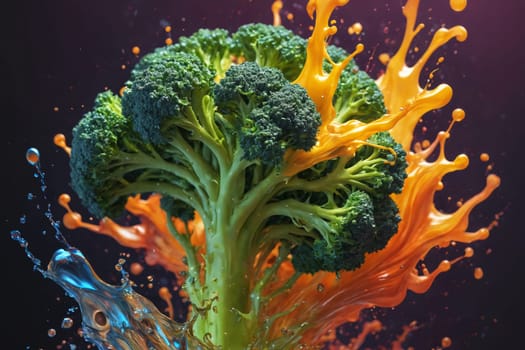 The freshness of broccoli captured with an energetic splash of orange on a vibrant background.