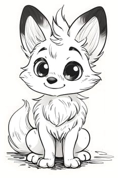 A black and white cartoon drawing of a happy fox sitting down, with a cute gesture and whiskers. The foxs eye, jaw, ear, and vertebrate are detailed in the art