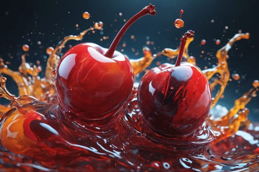 The moment cherries hit a water-filled bowl, creating a lively dance with splashing oranges.
