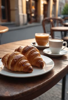 A tempting breakfast setup with golden croissants and a cup of coffee.