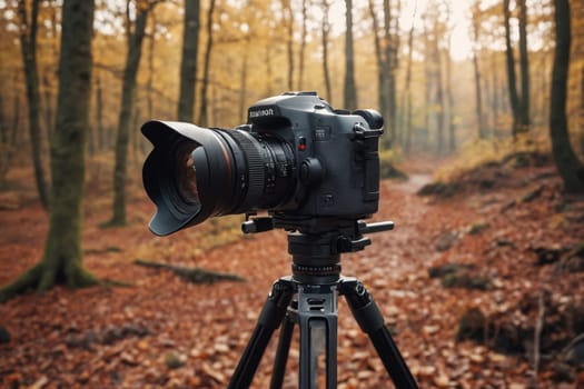 A camera on a tripod is set up in the woods, surrounded by fallen leaves on the ground, creating the perfect scene for nature photography.