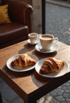 A tempting breakfast setup with golden croissants and a cup of coffee.