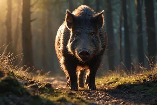 An atmospheric scene with a wild boar standing alert in a forest bathed in sunlight.